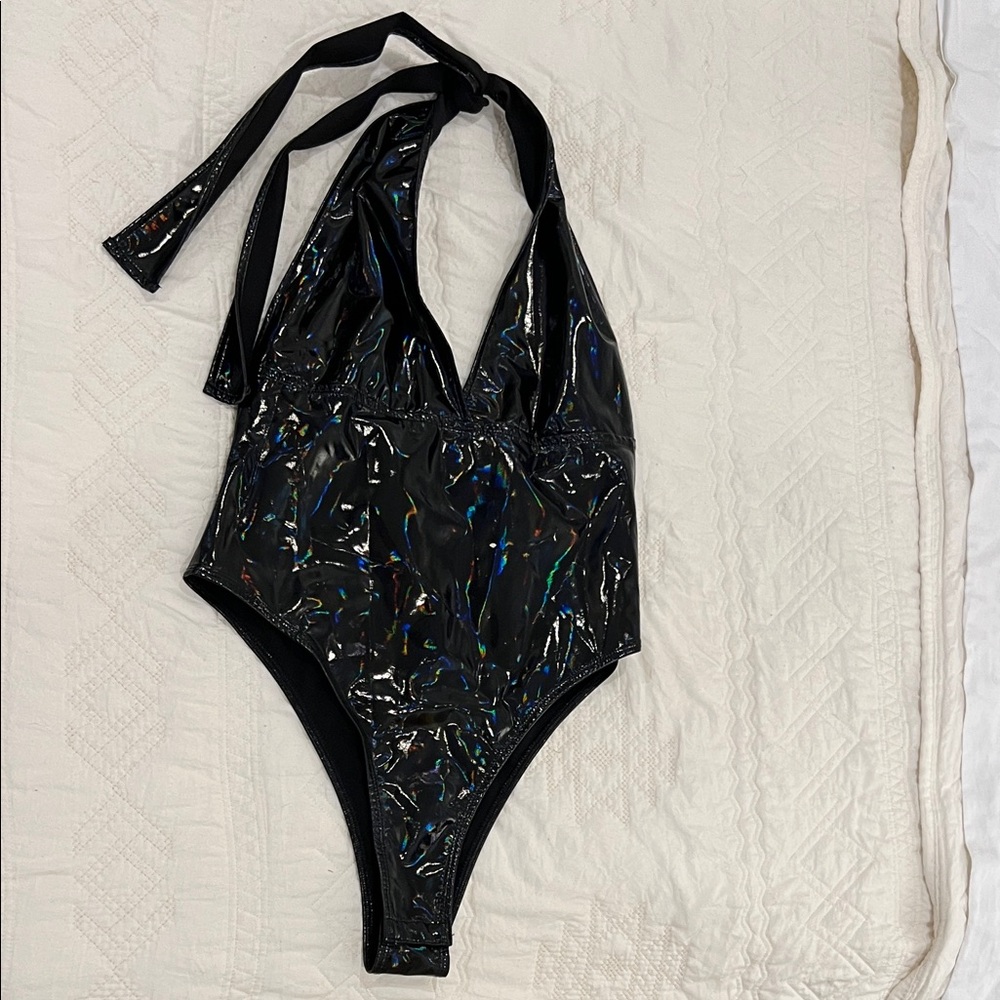 Black Oil Slick Iridescent Halter Bodysuit